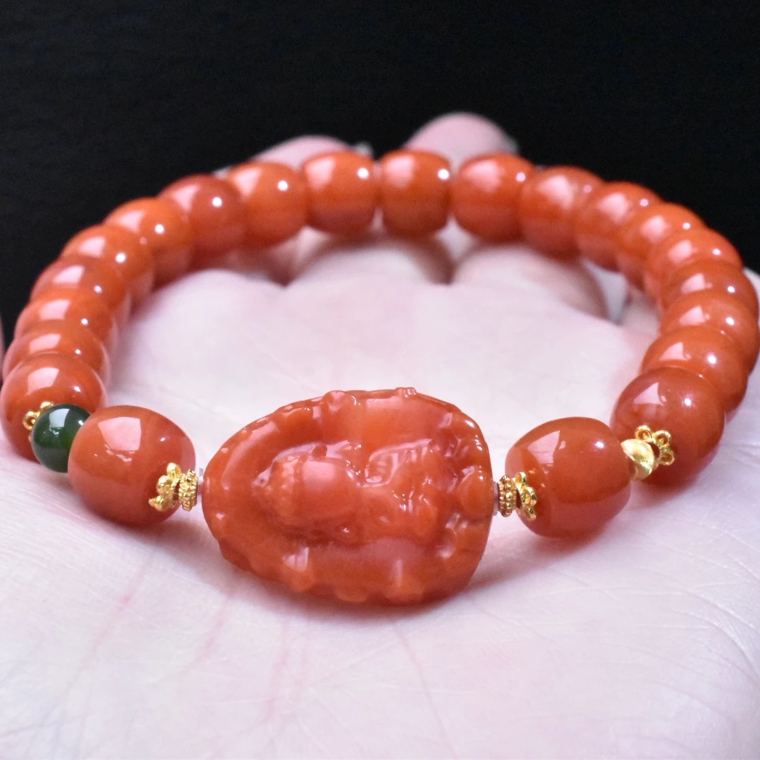 SJ【一九珠宝】S925银南红无相宝宝佛直切手串-卡8mm  YJ358