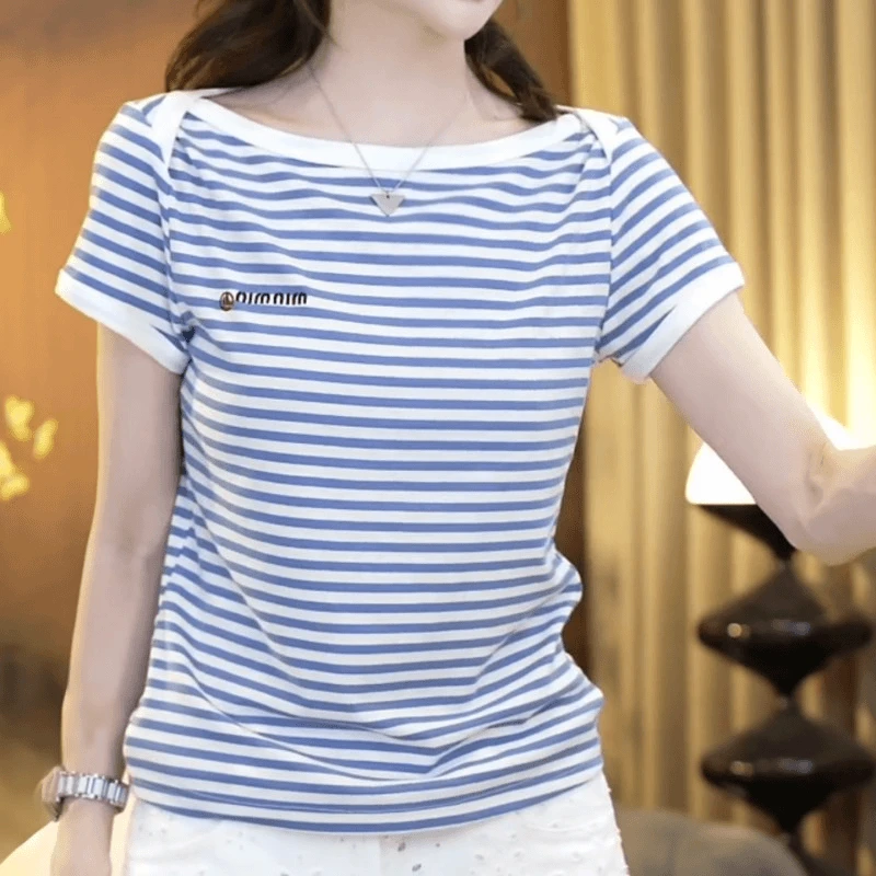 蓝白条纹平肩短袖t恤女2025夏季新款独特超好看修身短款上衣9225