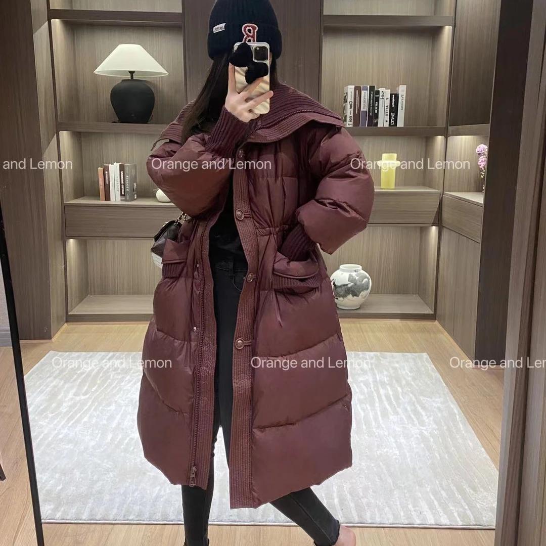 针织大翻领长款羽绒服常规中长款海军领