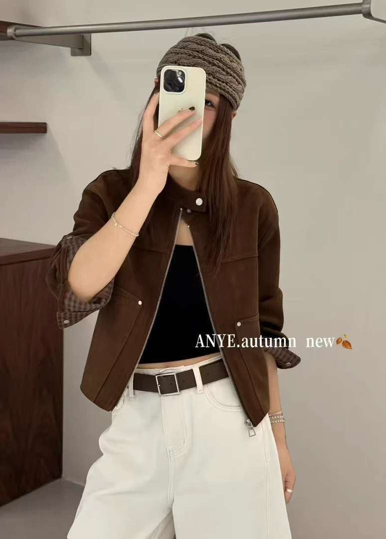 加棉秋冬高级感立领麂皮绒短款外套女欧洲站2025新款百搭夹克上衣