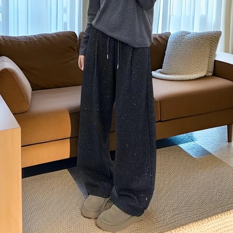 (银河)百搭加厚阔腿裤女春款休闲女高腰抽绳显瘦弯刀女裤