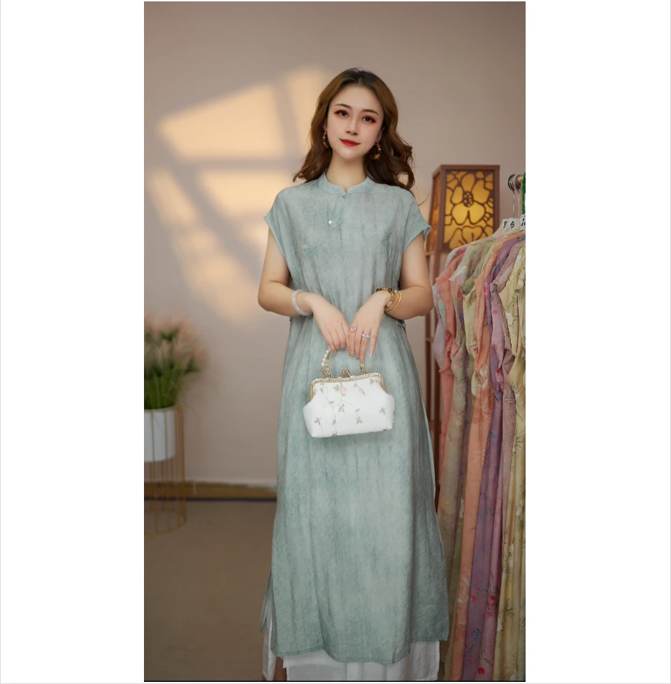 绣麻【碧波天蓝】月亮袖025新款夏季女装连衣裙新中式气质百搭显瘦