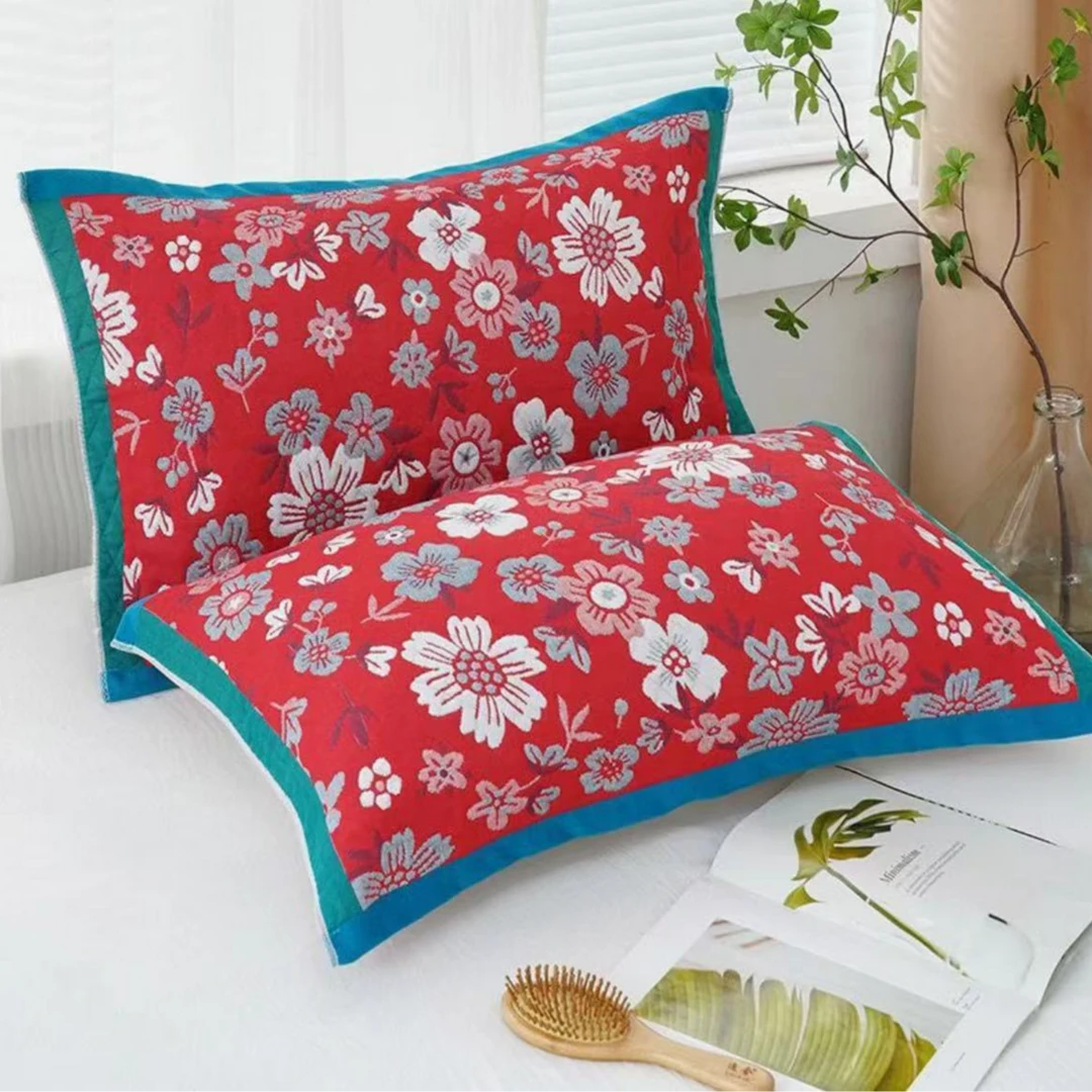 纯棉八层纱加厚纱布枕巾--花园红【52*78】-4