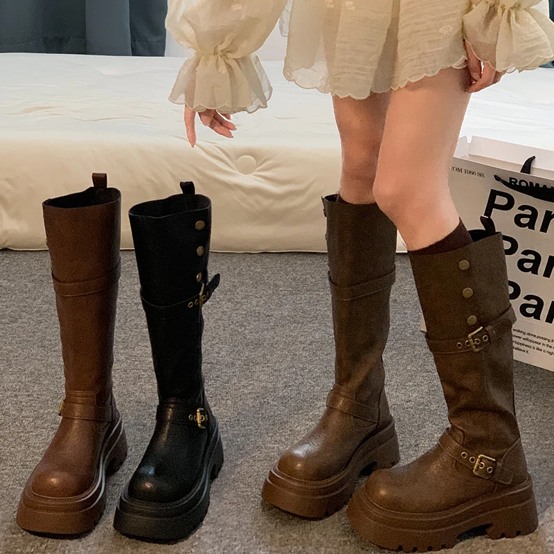 贾不假时尚厚底长靴女款2025秋冬新款百搭加绒时装靴小个子复古风
