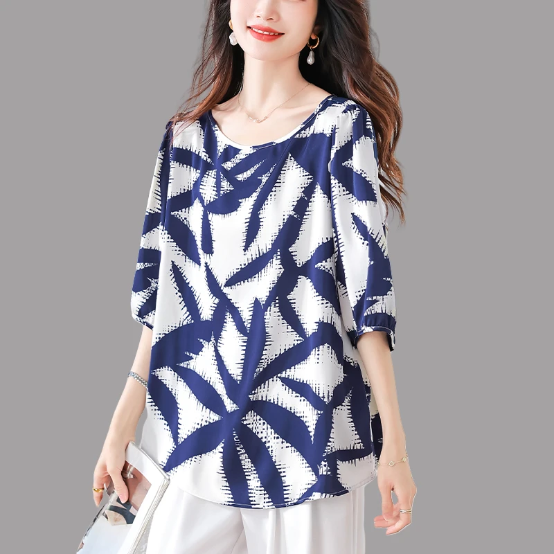 2025夏季新款复古缎面印花衬衫女宽松遮肚显瘦百搭时尚复古上衣