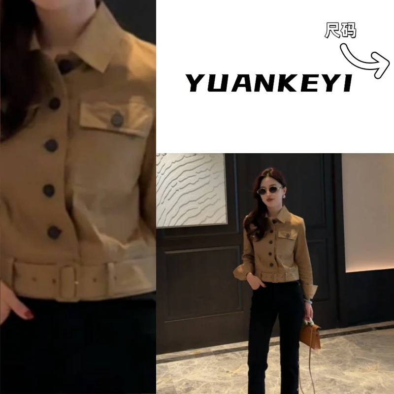 YUANKEYI 100%棉卡其工装短款翻领夹克轻装滑