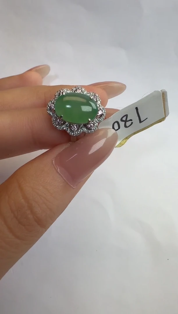 银S925镶嵌戒指翡翠通体925银镶缅甸A货翡翠戒指249