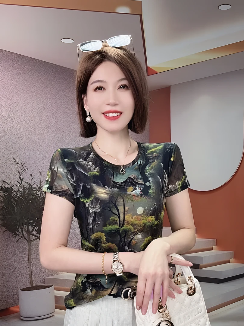 印花圆领网纱t恤女夏季新款修身显瘦气质百搭短袖洋气打底衫上衣