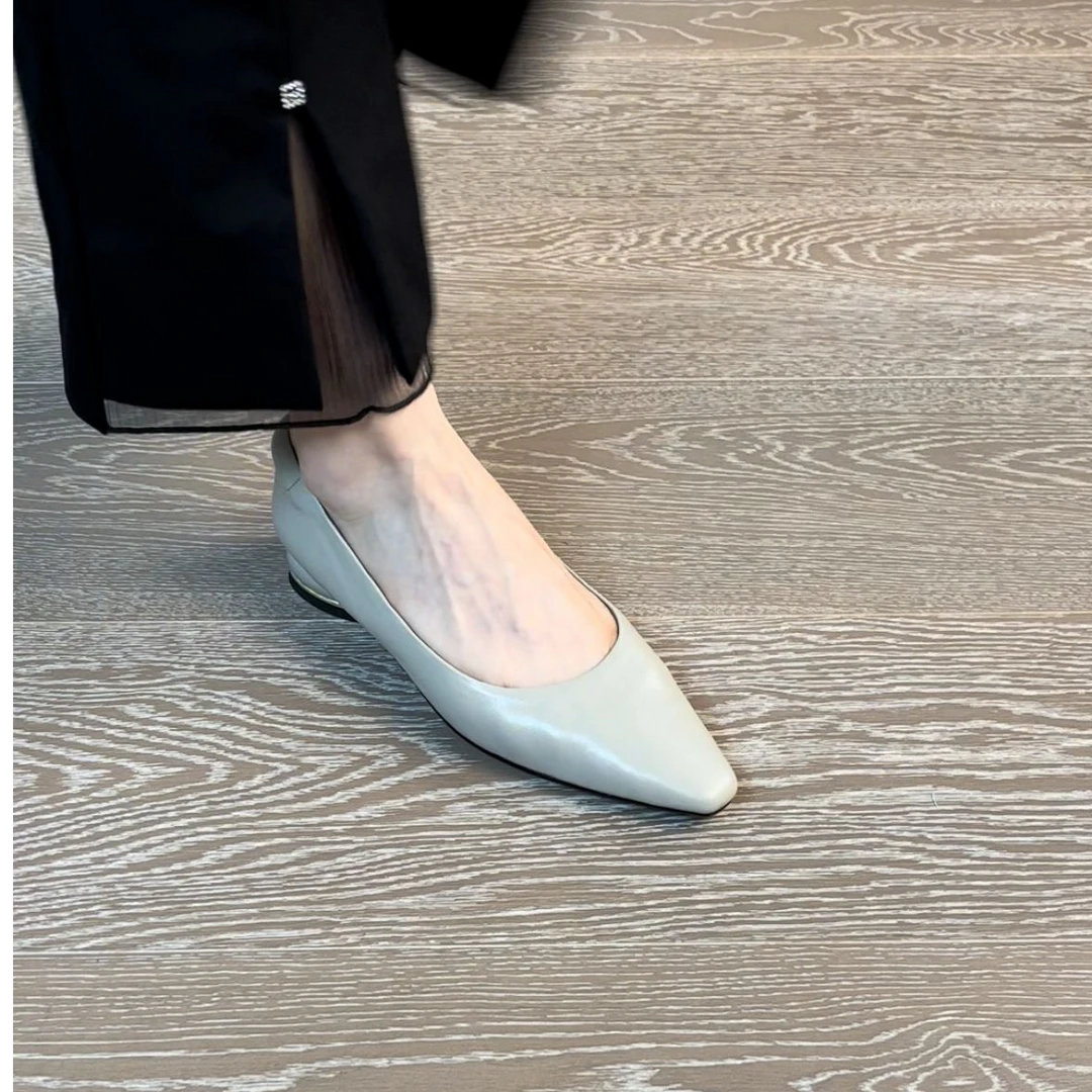 2.5CM头层羊皮搭扣一脚蹬春季单鞋尖头低跟时尚粗跟百搭浅口女鞋