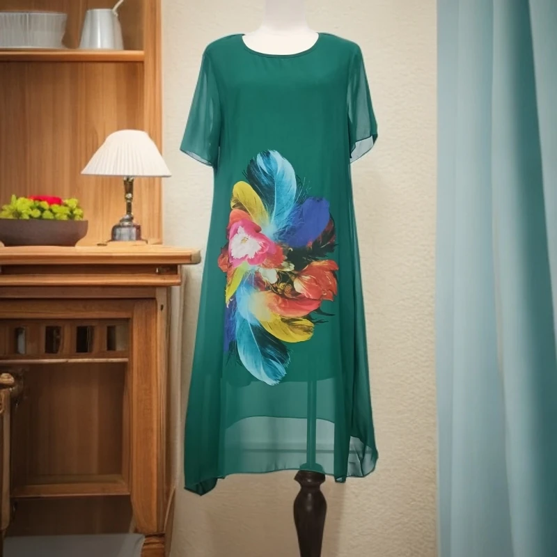 夏季圆领宽松遮肉雪纺羽毛印花连衣裙F048