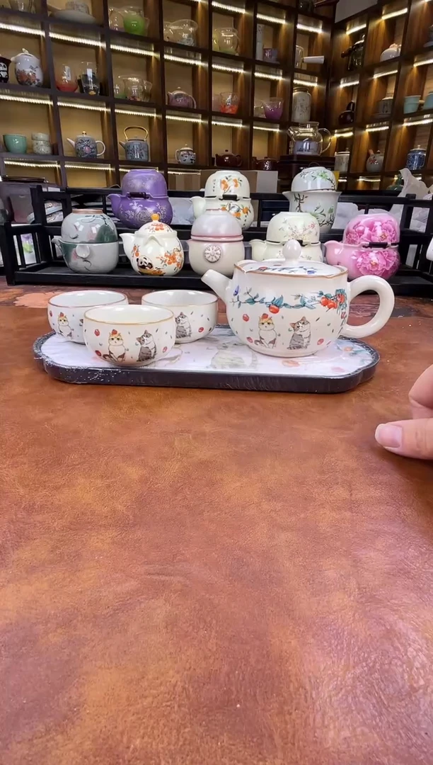 瓷片猫咪花口壶1壶3杯+猫咪盘