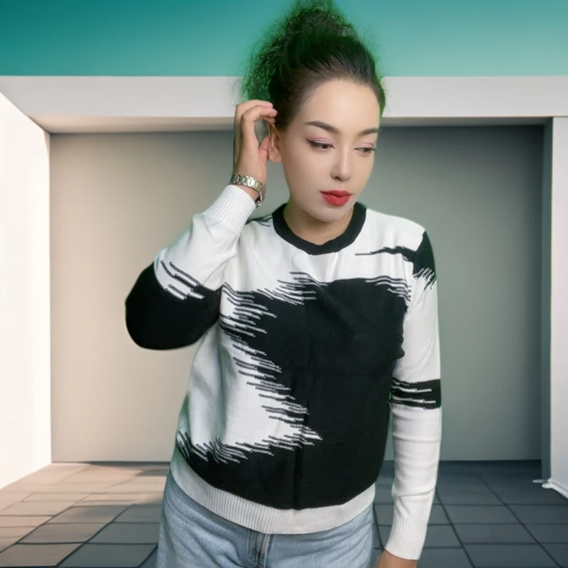 圆领宽松韩版直筒型拼色毛针织衫秋冬长袖上衣拼接英伦风秋季春秋