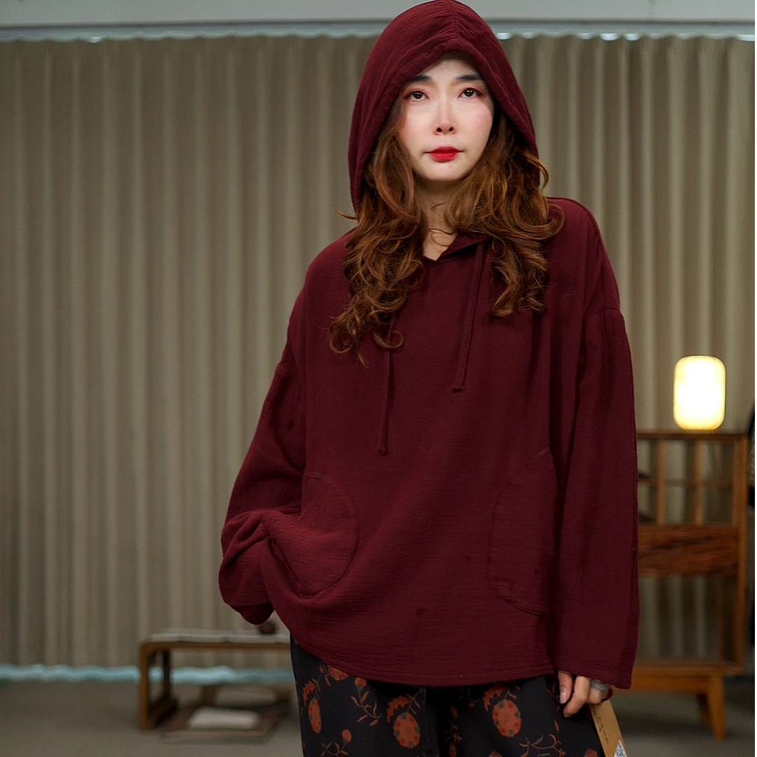 花璟与麻原创设计款纯色连帽上衣小衫（衣长65-71胸围146）