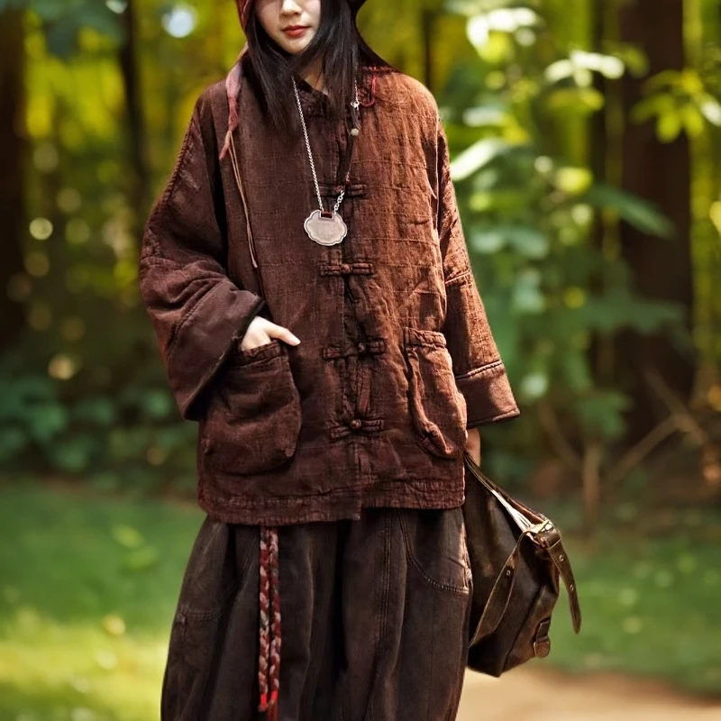外套加厚冬季亚麻女装民族风中国风【衣长75胸围180】宽松新中式