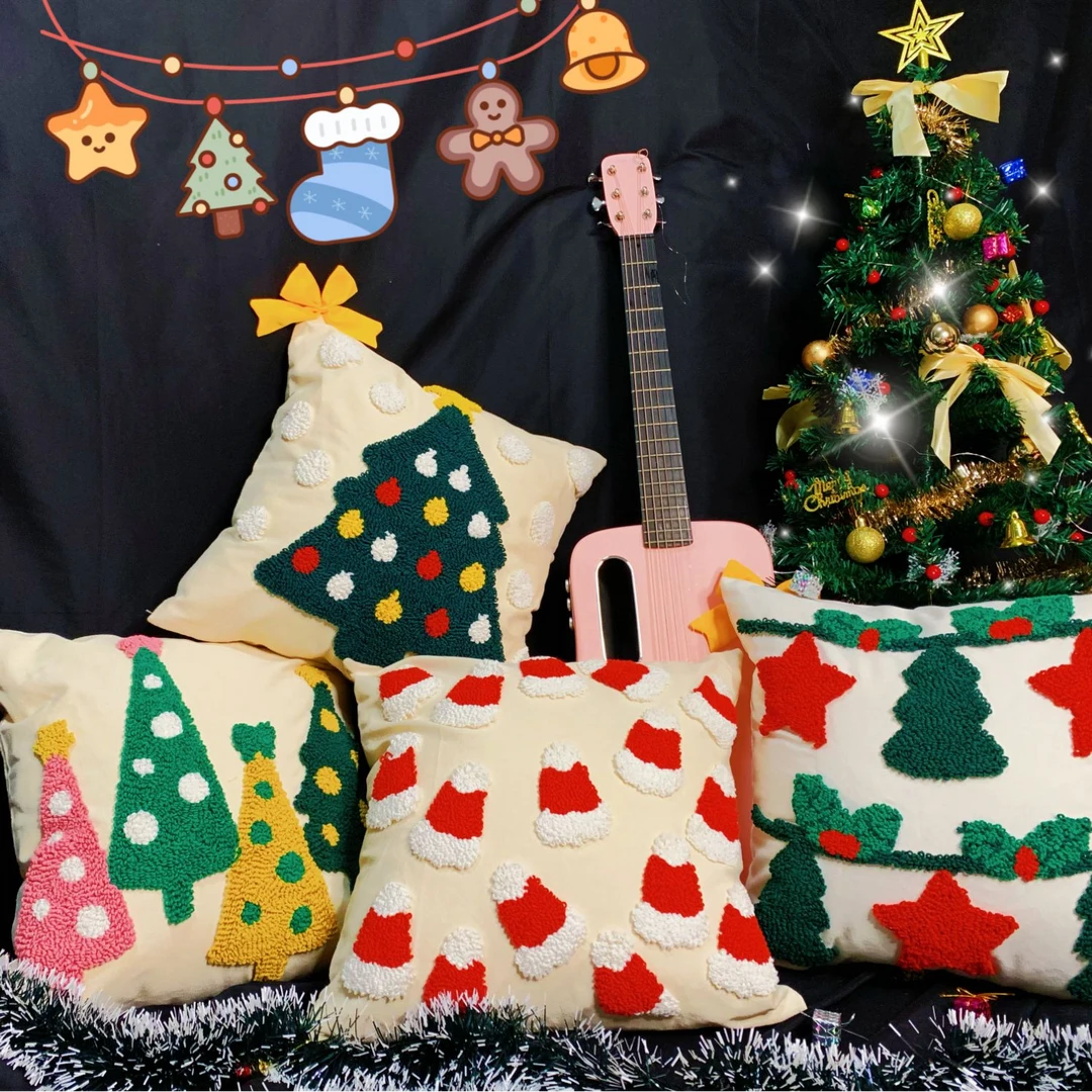 新款网红圣诞抱枕套亚麻圣诞树圈绒刺绣家居靠垫套客厅沙发抱枕套