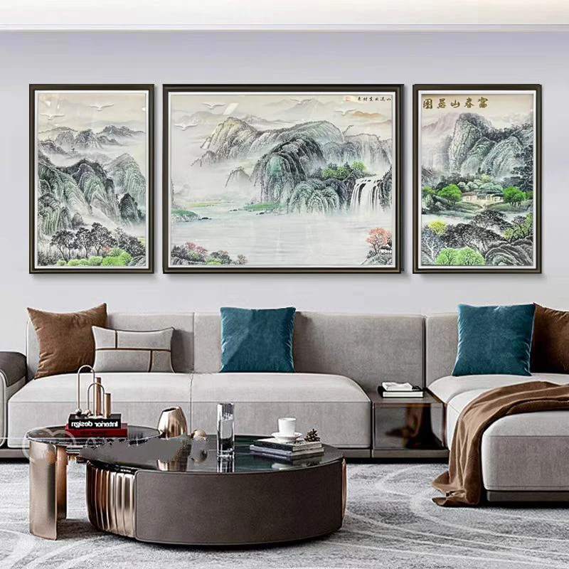 M23新中式富水山居图客厅沙发背景挂画大气办公室风水立体实物画