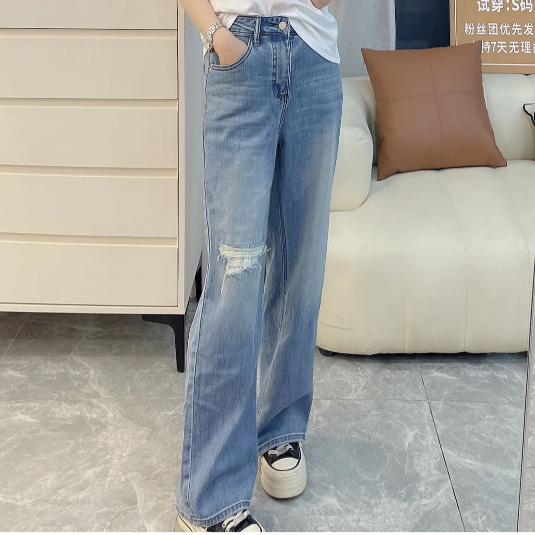 【浅谈系列】小个子夏季改版定制假破洞显瘦显长腿阔腿裤牛仔裤3279