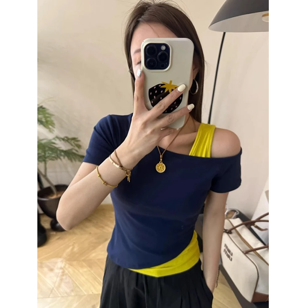 Notdefine纯欲露肩假两件短袖t恤女夏季辣妹修身显瘦百搭紧身上衣