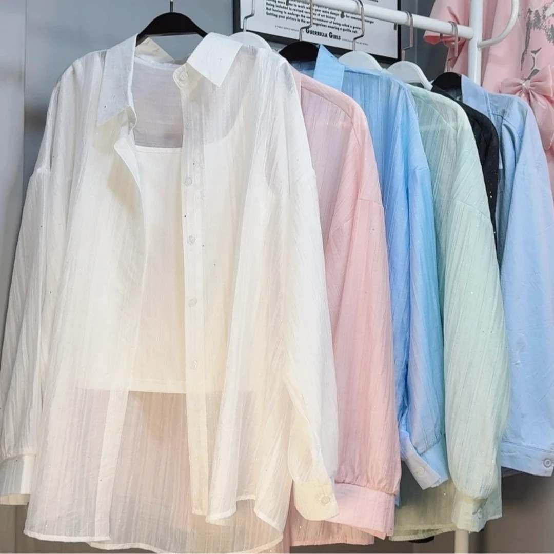 6【亮闪闪】夏上新~亮片满天星~休闲宽松中长款防晒衫百搭衬衫