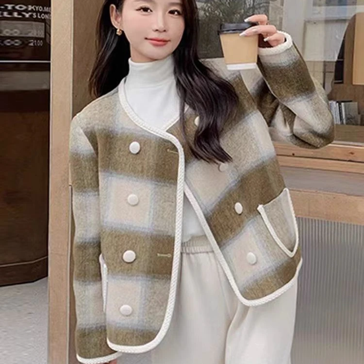 名媛小香风格子圆领毛呢外套女冬装2025冬季新款洋气开衫呢子大衣
