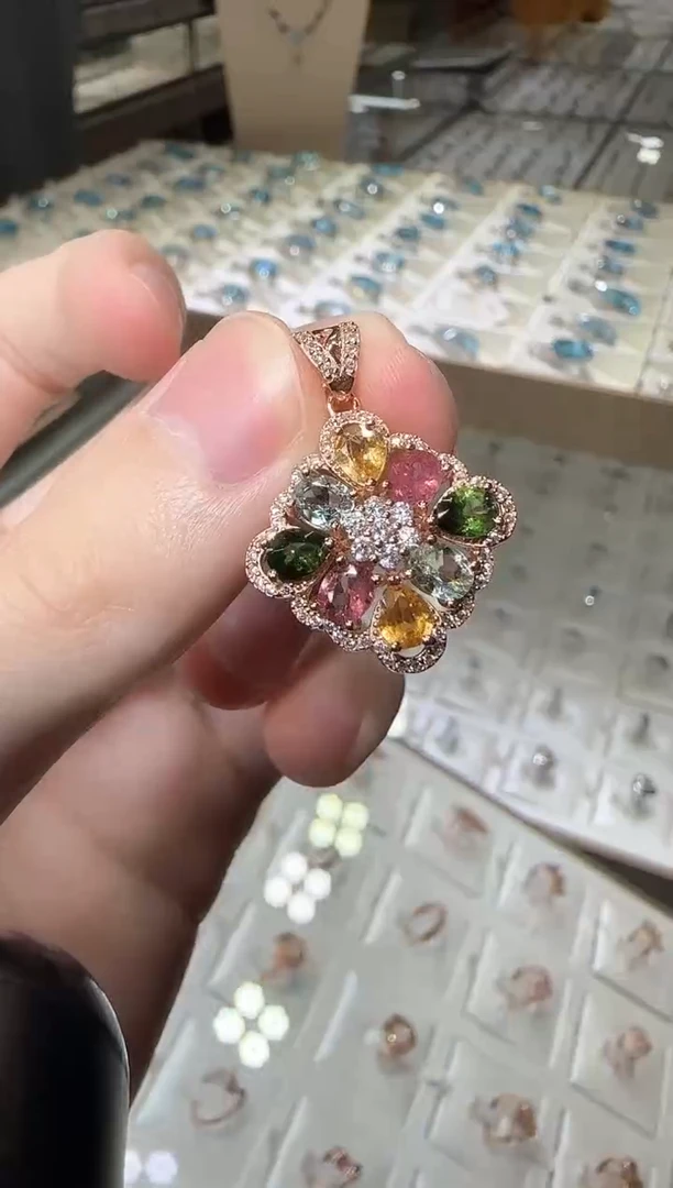 银S925镶嵌颈饰碧玺吊坠23mm多样性发