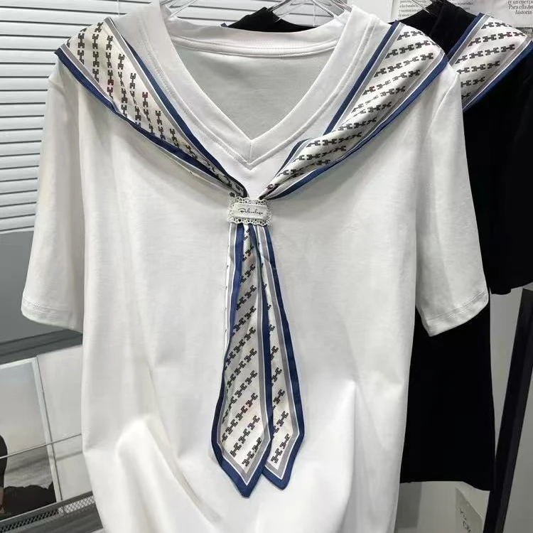 大码女装夏季新款丝巾披肩短袖小衫胖mm气质百搭T恤上衣潮