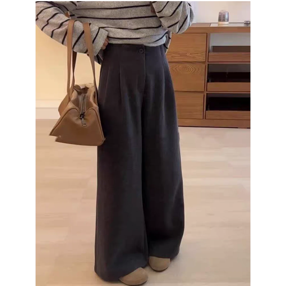 【现货+运费险】慵懒高级感灰色毛呢裤子女款高腰直筒裤阔腿裤