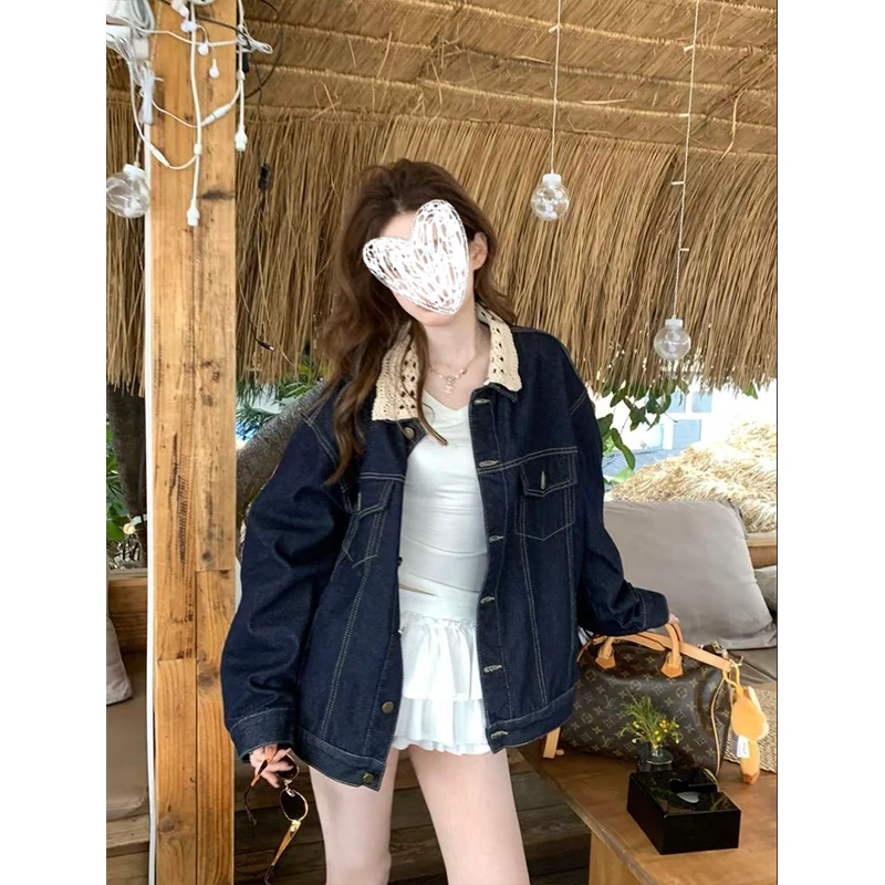 复古撞色拼接蕾丝牛仔外套女2025春季设计感时尚百搭休闲夹克上衣