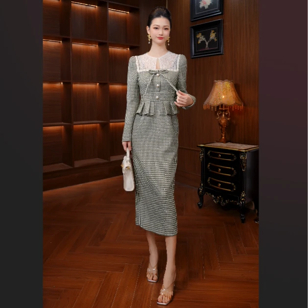 ZY.HT/紫嫣红藤新款小香风橄榄绿针织复古千鸟格秋冬连衣裙61347