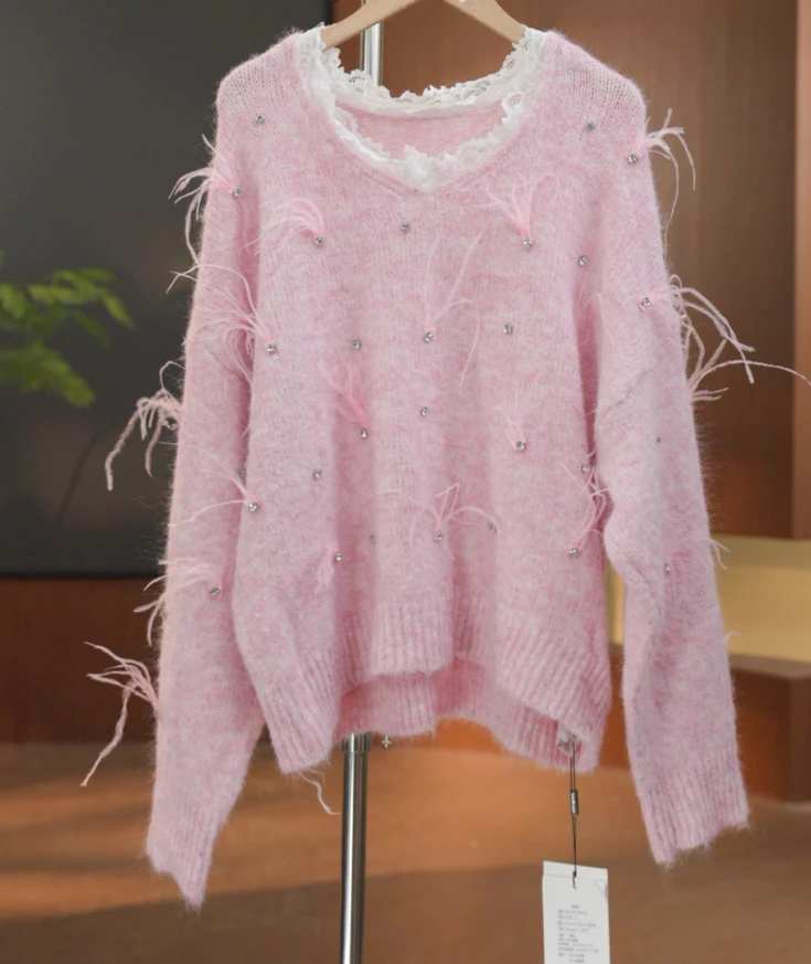 88155粉　针织V领休闲风毛针织衫百搭上衣毛衫