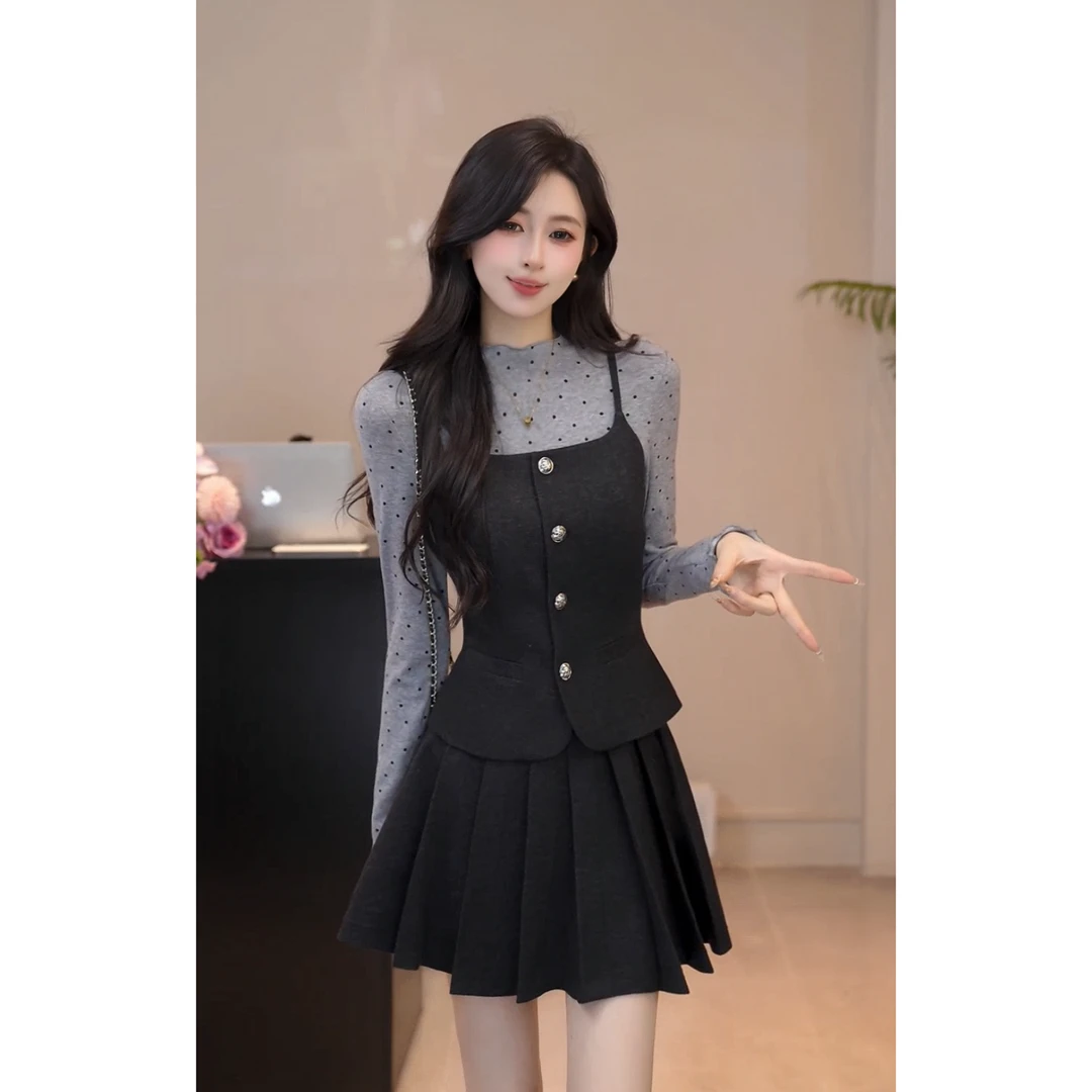 YUANLIANSU/圆脸酥【溪云酿雪】千金风波点打底衫+马甲+半身裙套装