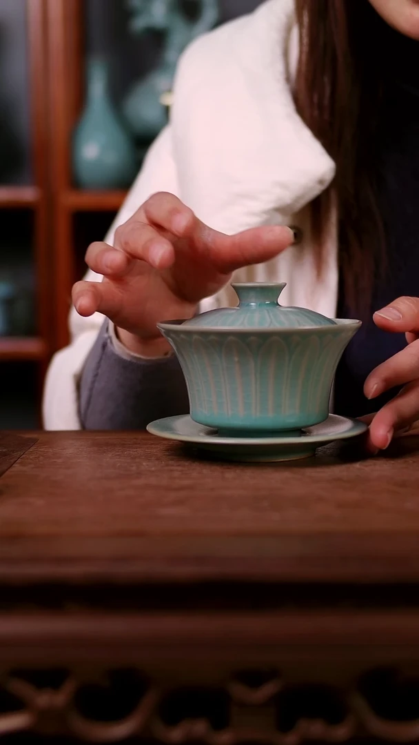 盖碗陶青霁汝窑仿古釉  莲花盖碗微瑕