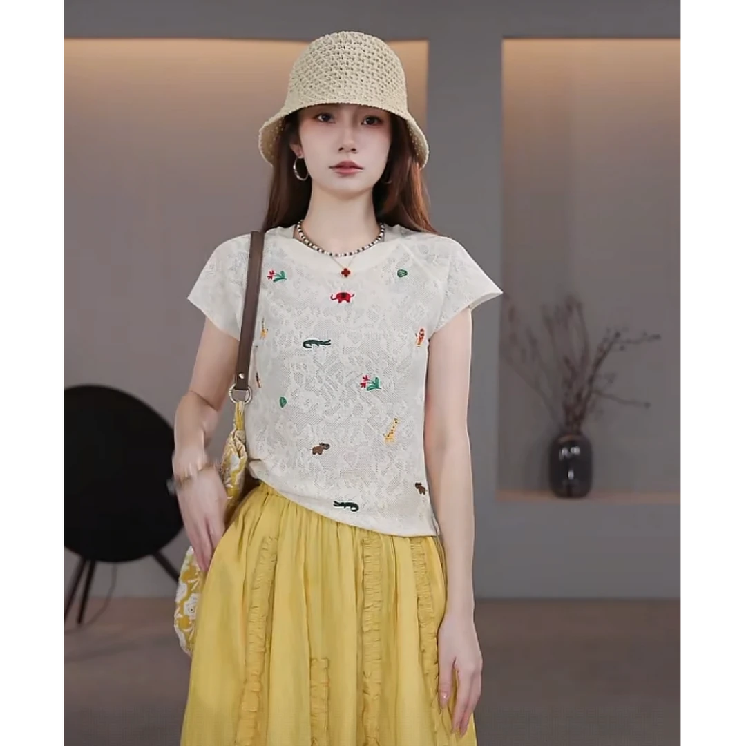 【LIbaibai】夏装2025年新款短袖立体浮雕镂空针织上衣BB-2318