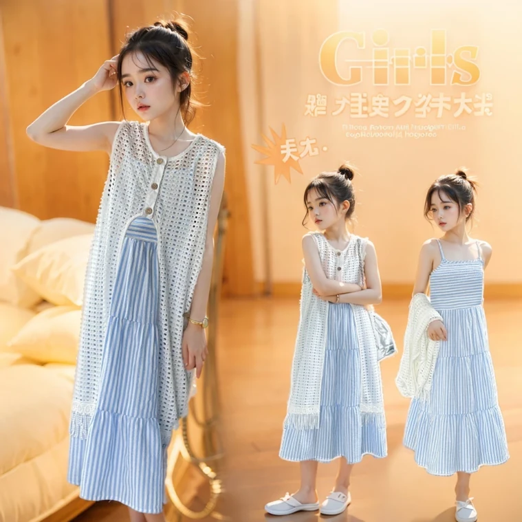 女童夏季新款套装无袖开衫女宝宝镂空上衣连衣裙条纹百搭两件套