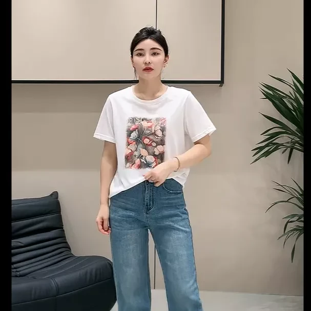 【轻薄透气】雪花棉玫瑰花短袖T恤-1391