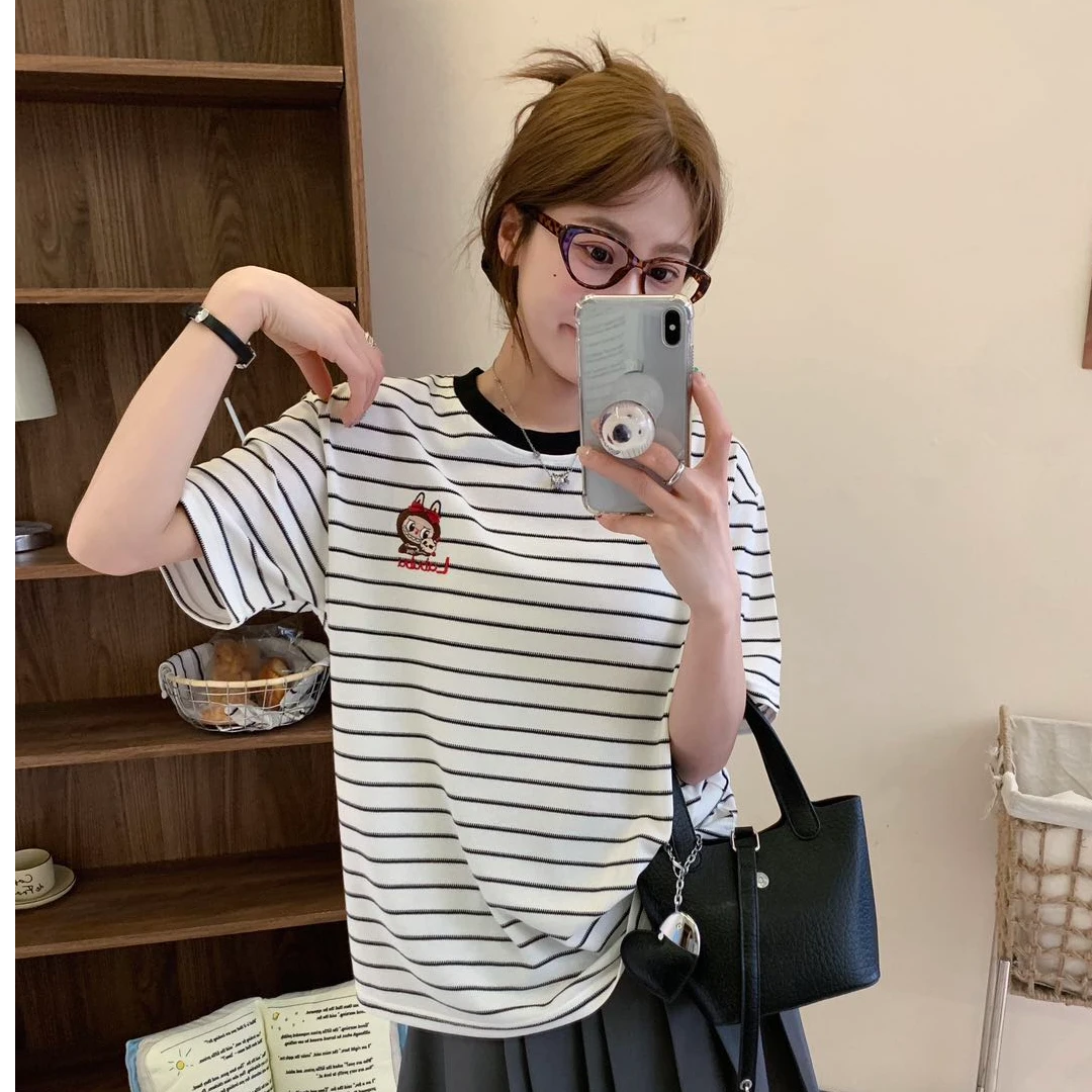 夏季新款韩版休闲时尚简约条纹卡通刺绣宽松百搭短袖女1607