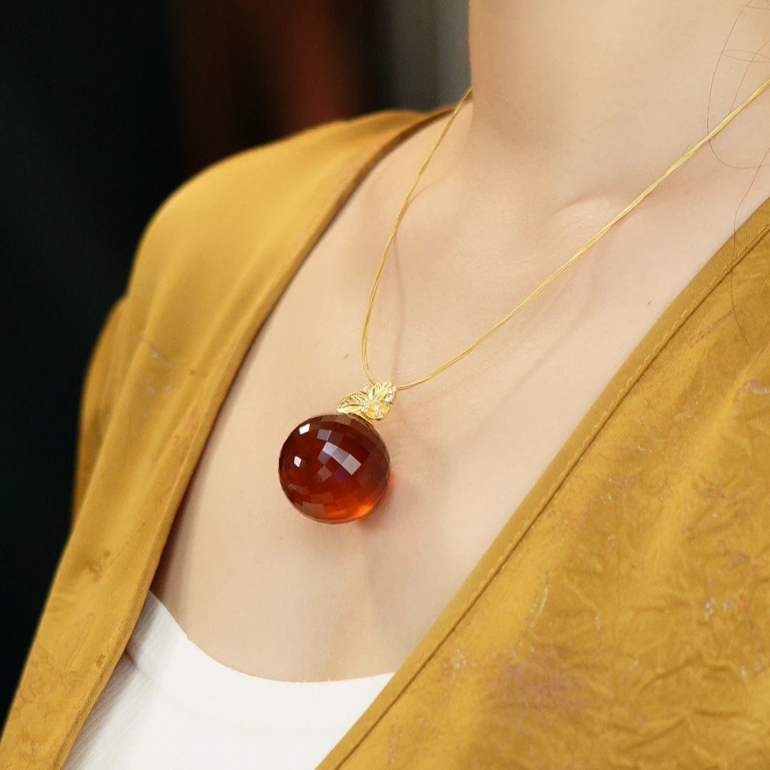 東芳珠宝-27mm缅甸天然灵草珀紫罗兰钻切吊坠项链时琥珀吊坠