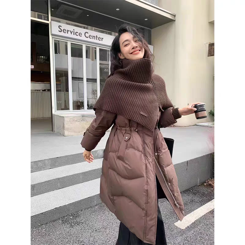 【六折清仓】针织围脖披肩式白鸭绒羽绒服女冬设计感修身保暖外套