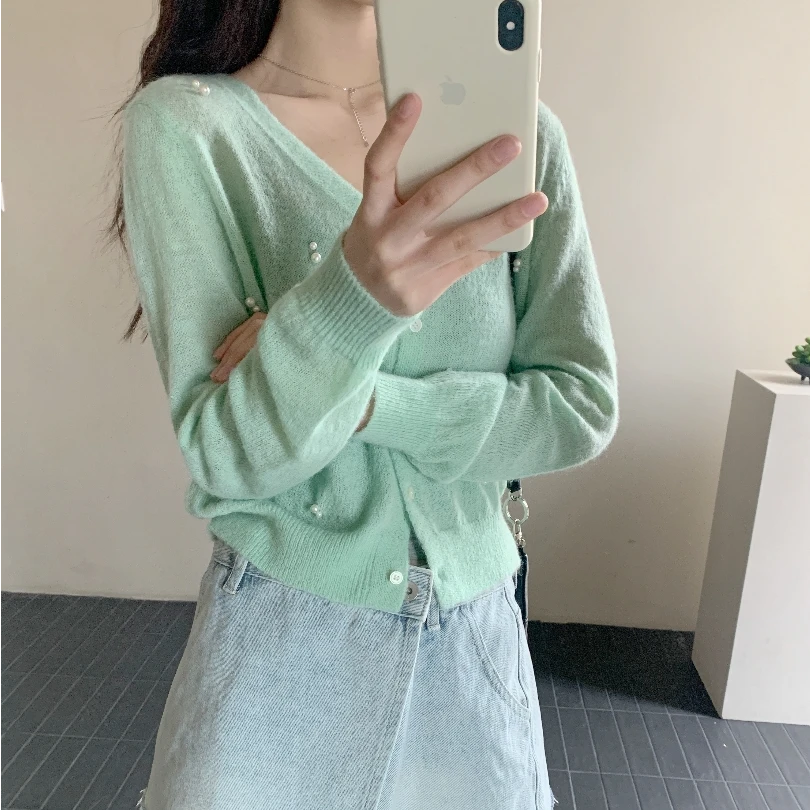 【素简.820135】春款上新丝光马海毛珍珠开衫绵羊毛混纺针织衫