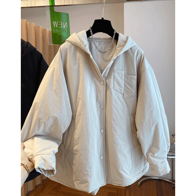 秋冬新款大码宽松纯色连帽保暖棉服外套女简约百搭时尚潮流上衣爆