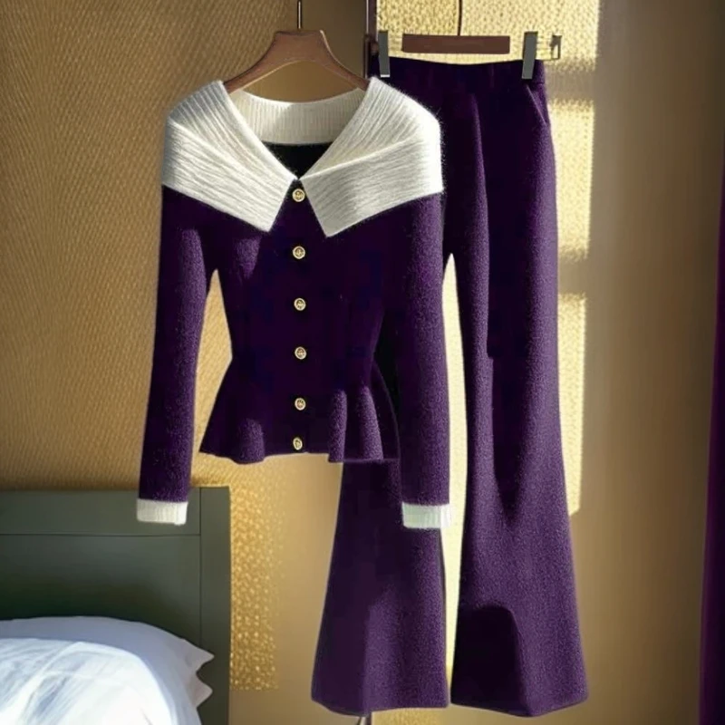 两件套女冬季小香风高级感穿搭一整套搭配紫色掐腰毛衣外套休闲裤