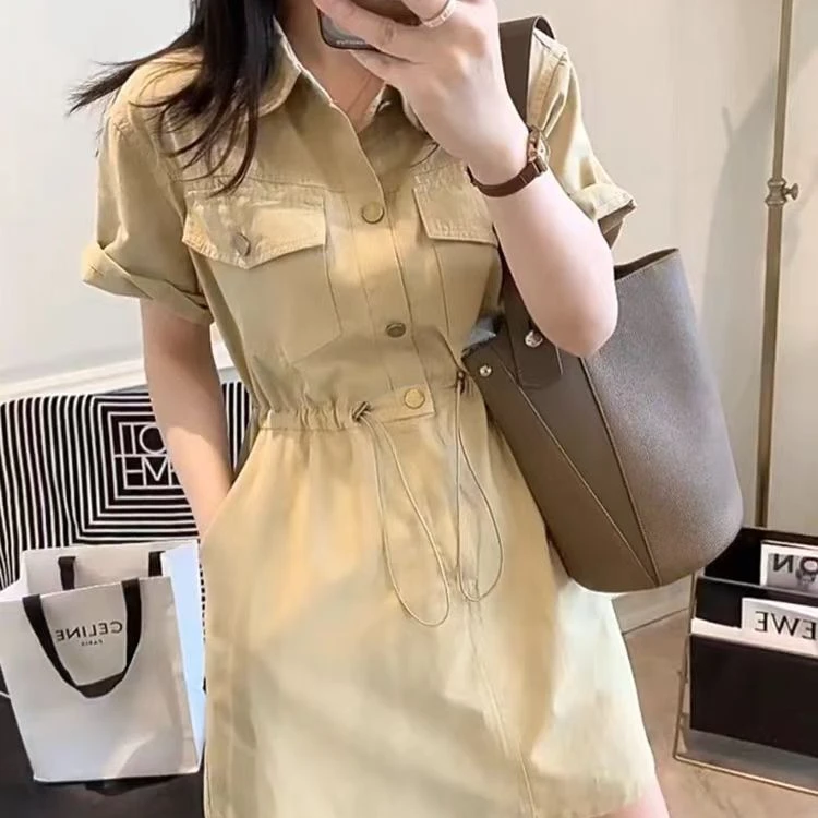 9837#设计感抽绳收腰工装连衣裙女2025夏季新款韩版宽松百搭A字裙