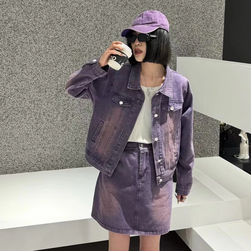 时尚气质牛仔套装裙女春复古洋气显瘦长袖短款外套半身裙两件套