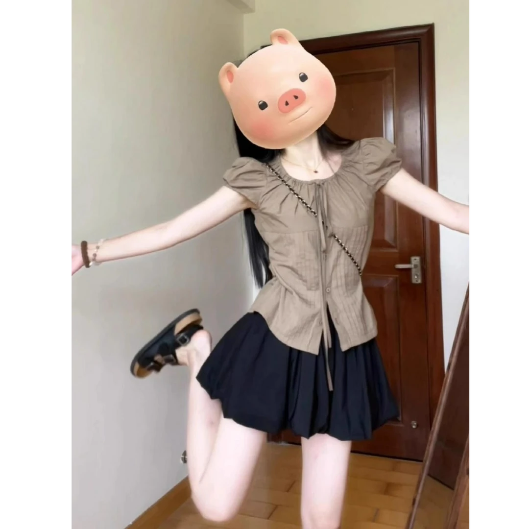 法式复古褶皱系带短袖衬衫2025夏季小个子百搭黑色花苞短裙两件套