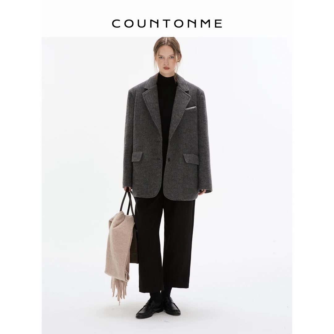 COUNTONME 秋冬复古人字纹羊毛混纺缝线宽松精裁挺括廓形西装外套