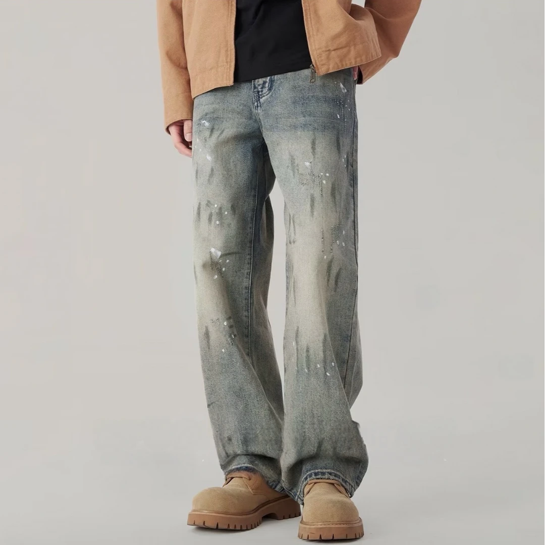 2025春夏季新款设计感高街休闲泼墨复古牛仔裤痞帅休闲宽松直筒男