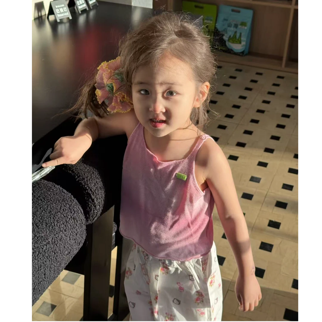 《小思家》女童2025夏季新款粉韩版休闲色吊带背心卡通猫休闲裤套装