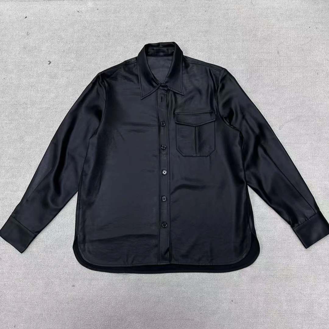 喵喵家   早春经典时尚百搭简约黑色翻领宽松女士休闲长袖衬衣