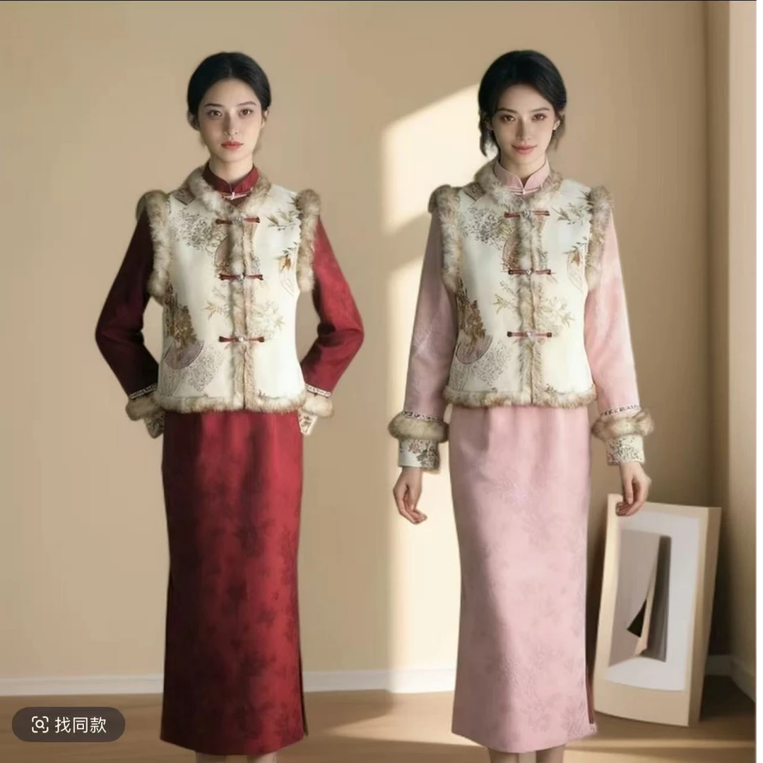 百禧-【长款吉祥三宝】S-3XL旗袍2025年马甲套装过年战袍加绒加厚款