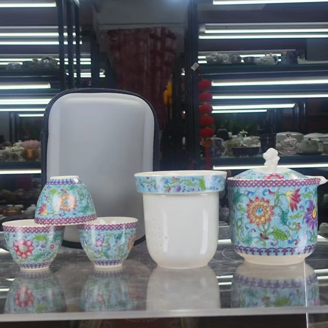 德化云仓 珐琅彩蓝花一壶三杯快客旅行-4758